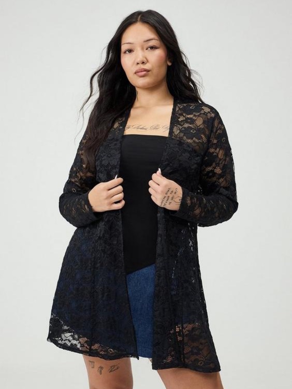 Torrid Black Lace Open-Front Duster Cardigan